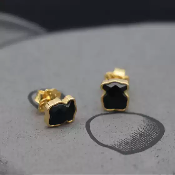 Minimalist Bear, S925 Sterling Silver 18K Gold Plated European American Style Black Agate Natural Stone Bear Stud Earrings High-end Light Luxury