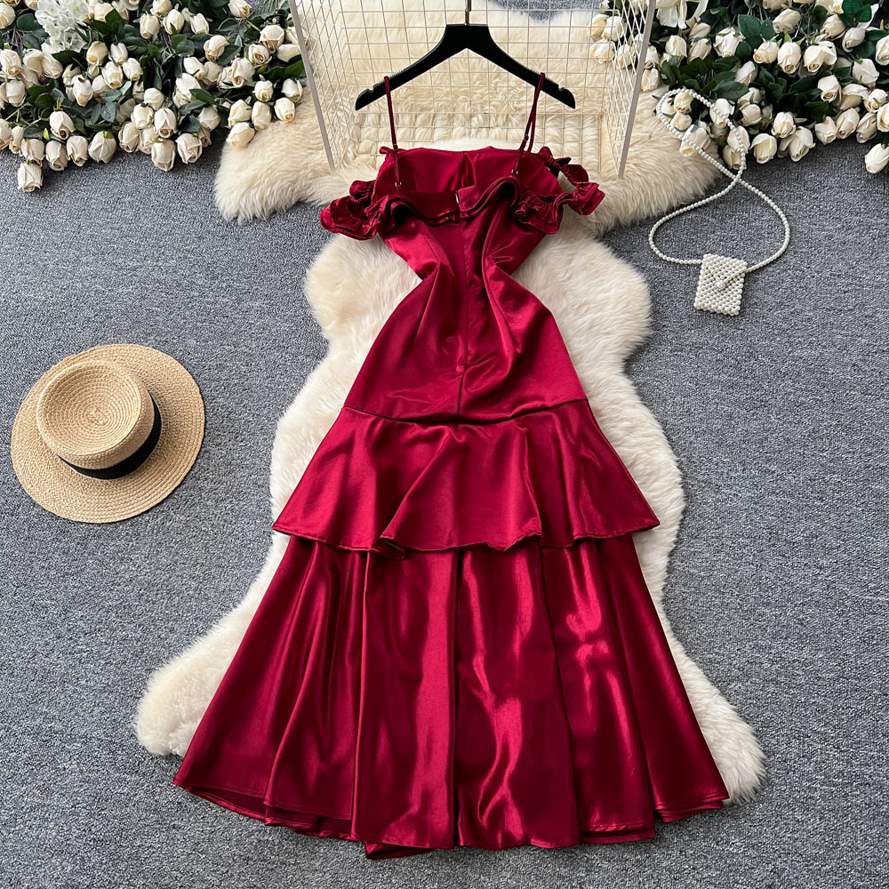 Red Satin A Line Dress with Built in Bra Sleeveless Ruffled Hem Waist Defined Elegant Evening Gown for Special