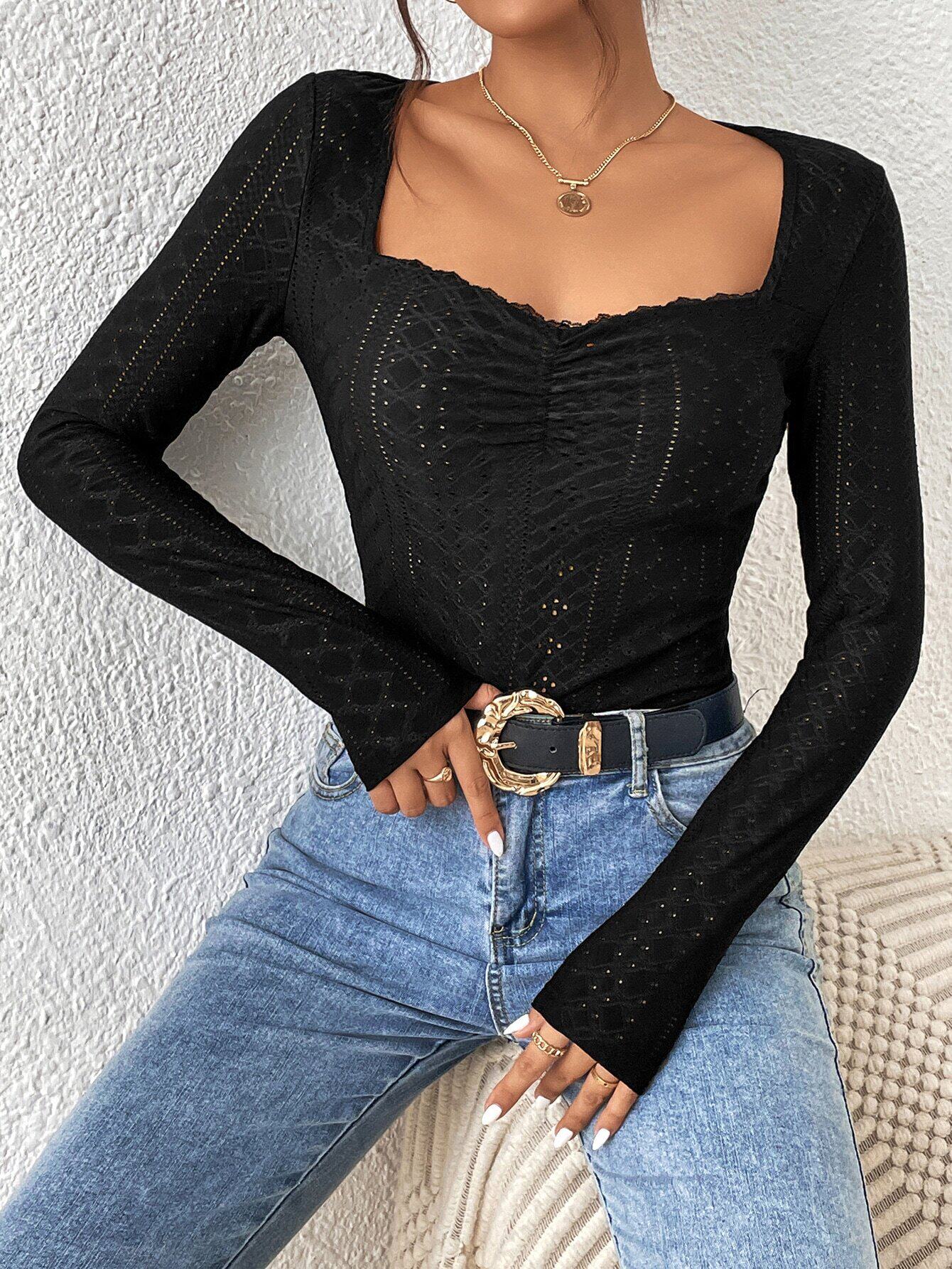 Womens Basic Fashion T Shirt Simple Design Square Neck Long Sleeve Lace Trim Solid Color Spring Summer Wear