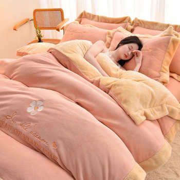 Milk Velvet Bed Four-Piece Coral Velvet 2025 New Autumn and Winter Thickeneded Princess Style Flannel Quilt Cover Bed Sheetss