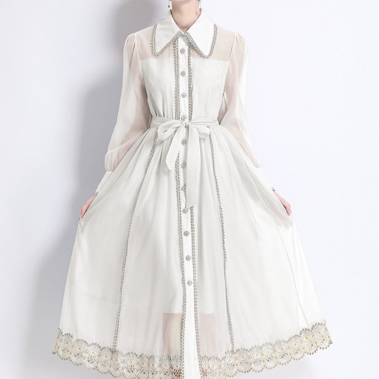 French Elegant Lace Panel Lantern Sleeve Dress Hollow Out Single Breasted Waist Defining Perfect for Formal Occasions