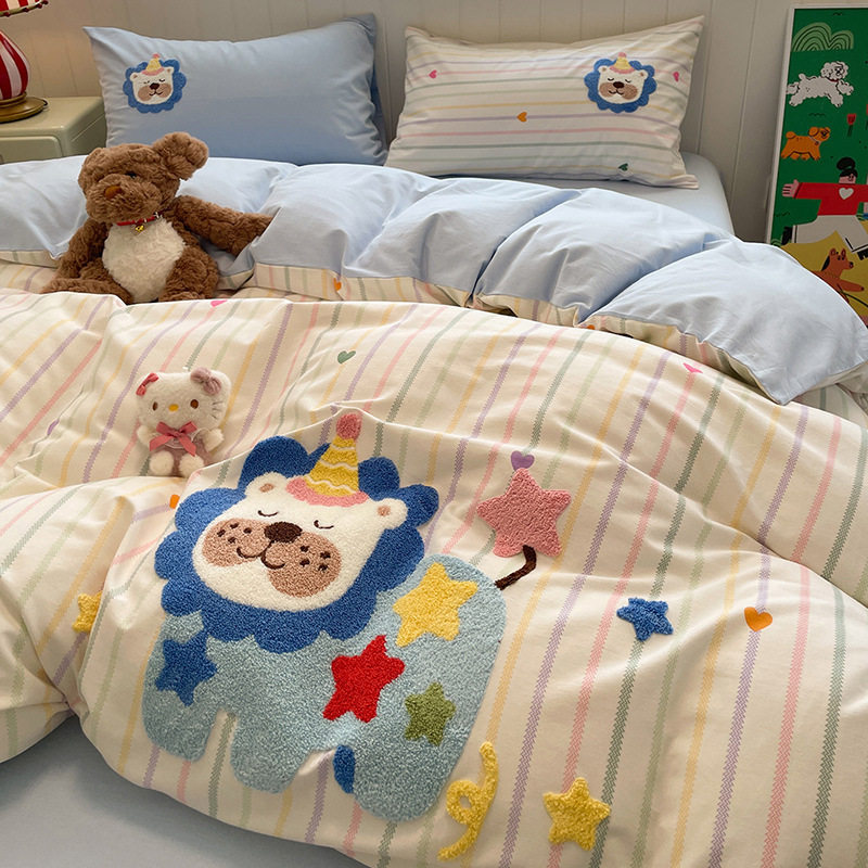 Autumn and Winter Pure Cotton Ins Thickeneded Pure Cotton Brushed Bed Four-Piece Set Cartoon Style Towel Embroidered Student Dormitory Three-Piece Set