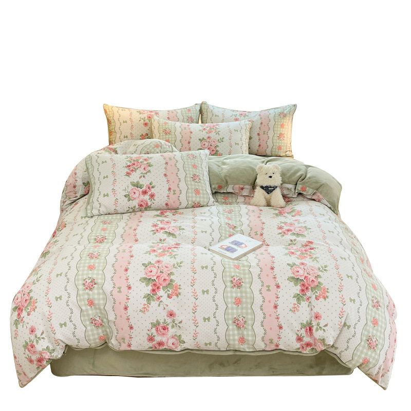 Version a Full Cotton Brushed Plus Version B High Weight Milk Velvet Four-Piece Set Thickeneded Warm Extra Large Quilt Cover Bed Sheetss and Fitted Bed Sheetss