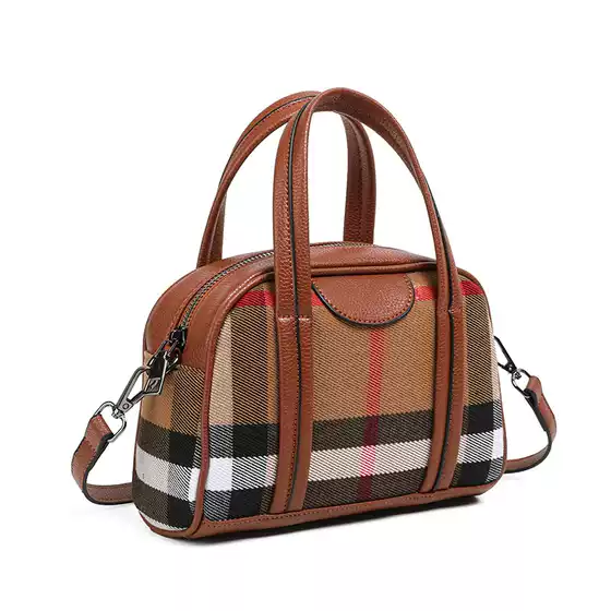 Genuine Leather Women's Bag 2026 New Model Niche Style Light Luxury Bag Commuter Bag Canvas Plaid Bag Color-Blocking Single Shoulder Crossbody Bag
