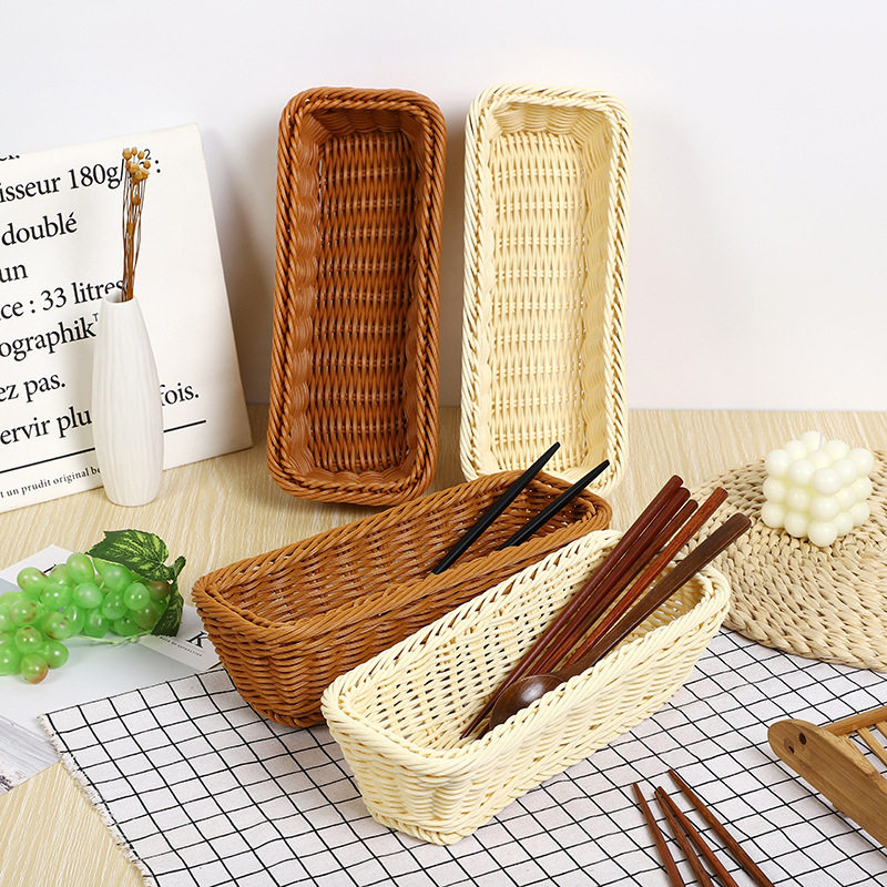 Creative Kitchen Tableware Storage Basket Hotel Restaurant Knife and Fork Basket Household Chopstick Basket Rectangular Imitation Rattan Basket