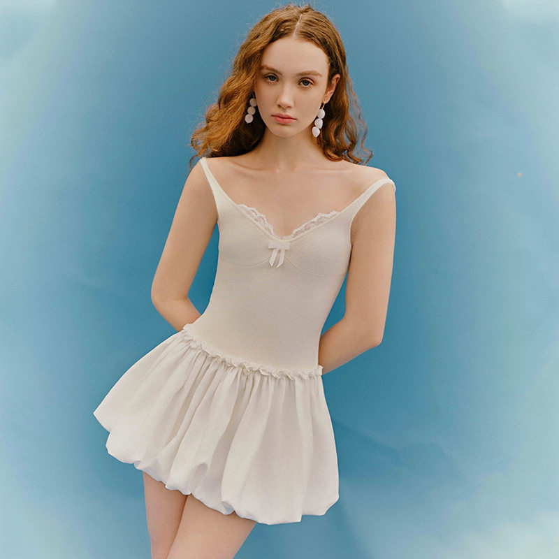 Summer Floral Puff Dress for Women Bow Tie Waist Slim Fit Beach Vacation Style Available in Multiple Colors