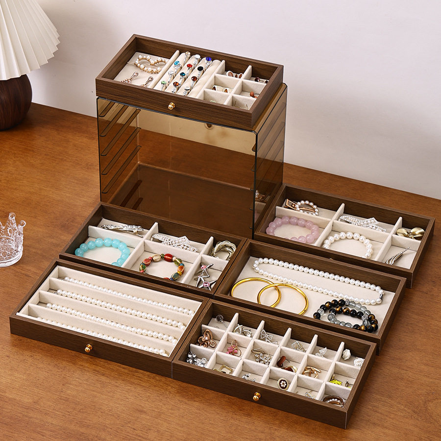 Drawer-Type Jewelry Box Solid Wood Walnut Color Jewelry Box Moisture-Proof and Dust-Proof Three-In-One Jewelry Storage Box Multi-Functional