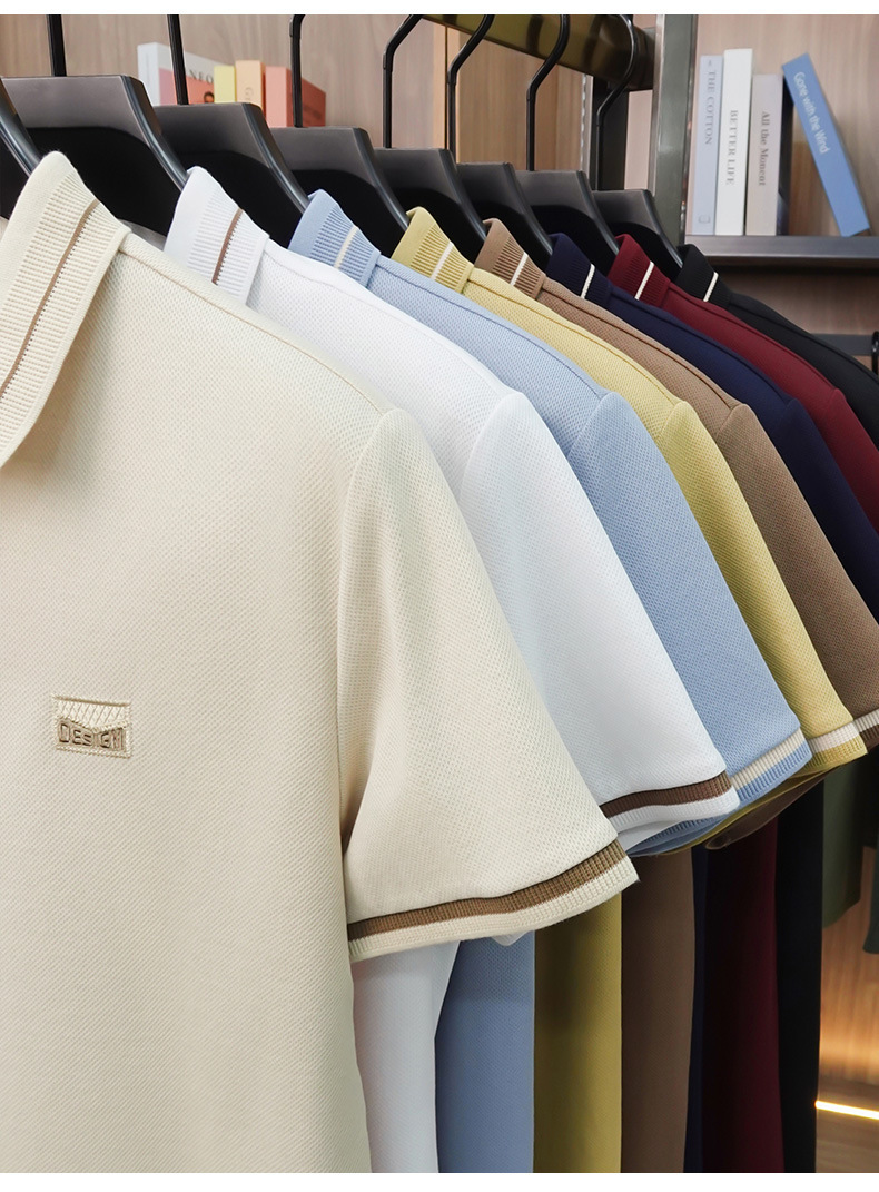 Áo polo nam tay ngắn cotton lưới co giãn thoáng khí chống nhăn — Màu đỏ táo tàu, màu đen, Mễ Hạnh, Xanh tím than