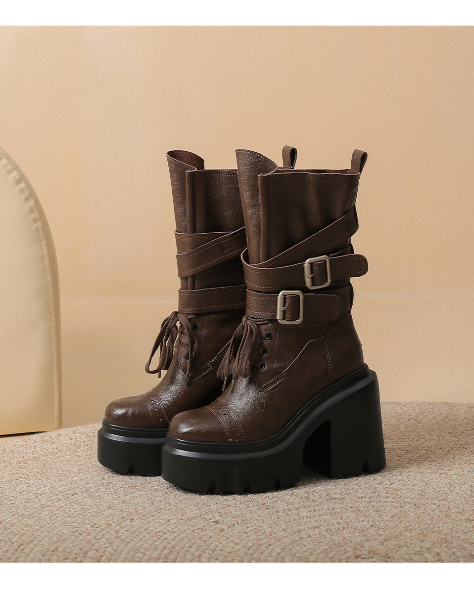 Boot nữ cổ trung khóa thắt lưng gót thô 12cm phong cách cổ điển — Lớp lót đơn màu be, Lớp lót đơn màu đen, Lớp lót đơn màu nâu, Lót nhung đen