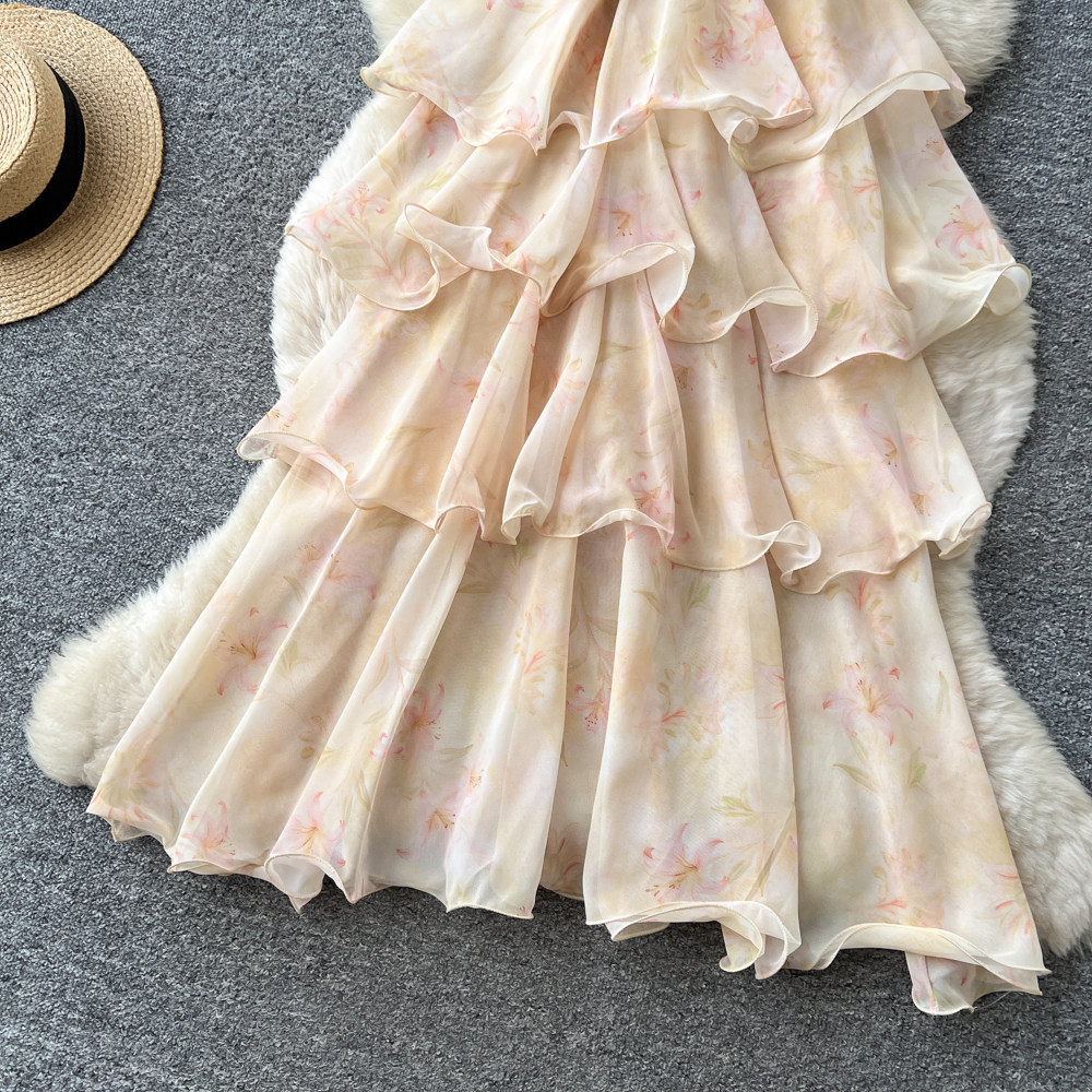 Floral Print V Neck Halter Dress Sleeveless Ruffle Hem Slim Fit Summer Casual Wear Wholesale Available