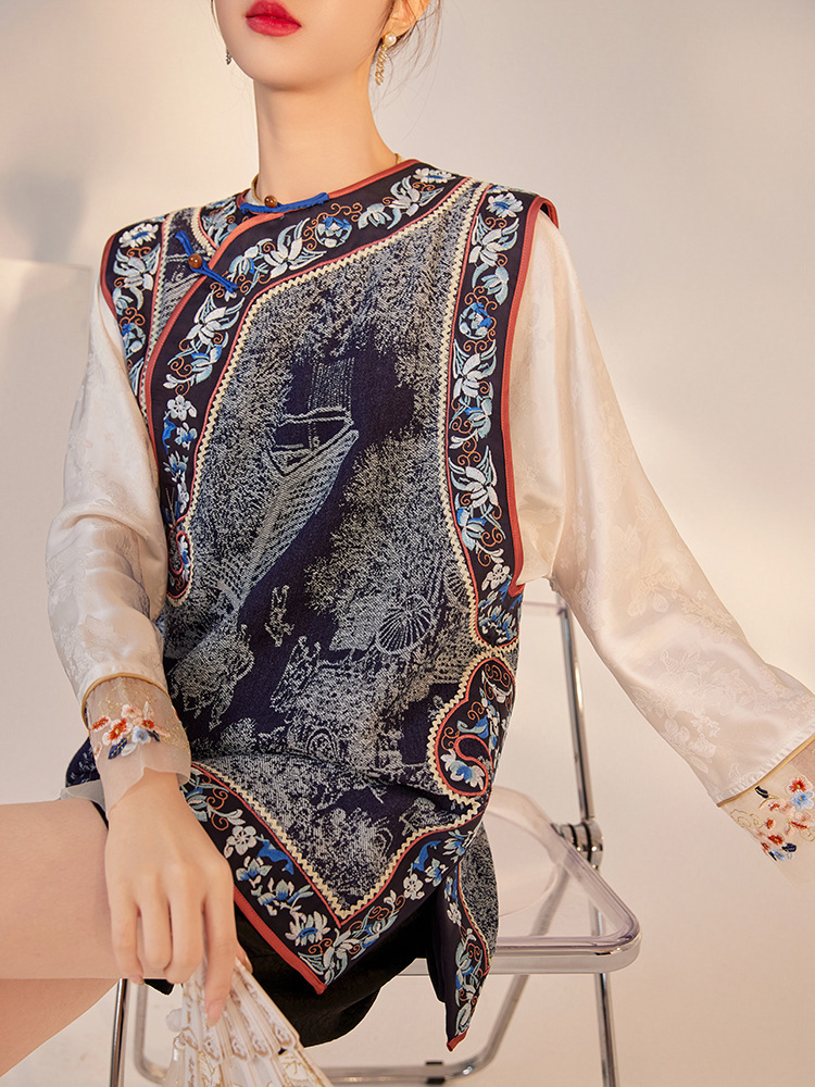 Áo vest nữ in họa tiết hoa cài khuy cổ tròn dáng rộng — Màu xanh lam