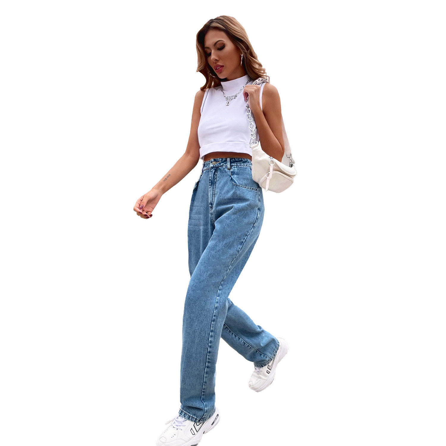 High Waisted Straight Leg Jeans Floor Length Slim Fit Comfortable Denim Casual Wear for Women Wholesale Available