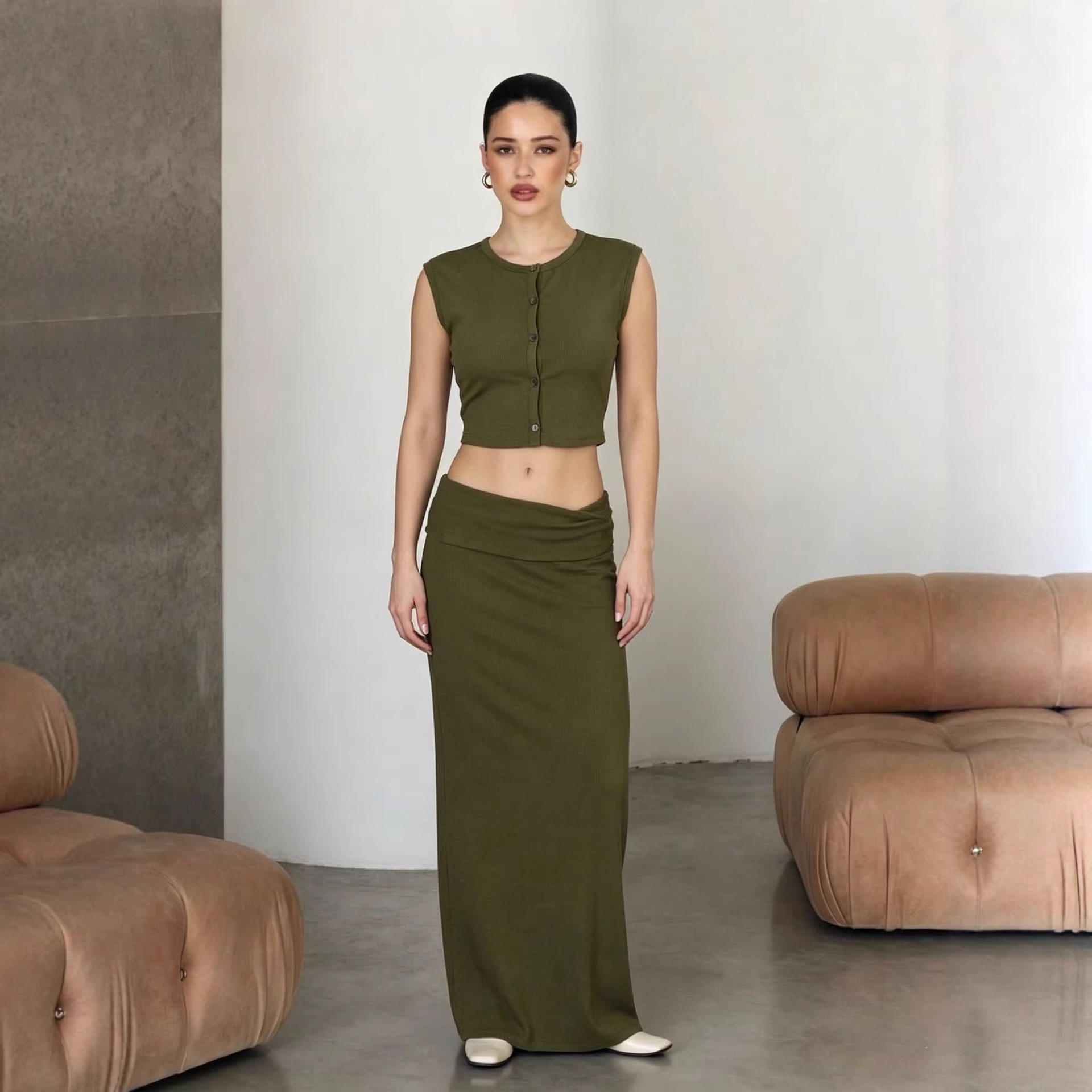 Soft Modal Two Piece Set for Women Sleeveless Top Mermaid Skirt Casual Spring Summer Style Wholesale Available