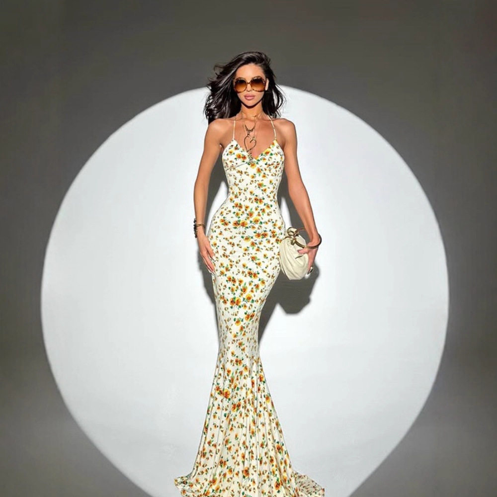 Floral Maxi Dress Slimming Fit Deep V Neck Sleeveless Elegant Spring Summer Vacation Wear Wholesale Available