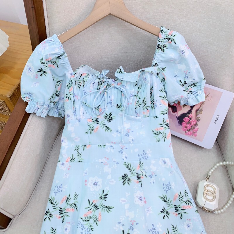 Đầm linen in hoa phong cách Pháp cổ vuông tay phồng dáng chữ A — Riviera của Nice