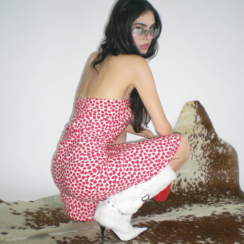 French Romantic Style Womens Strapless Bodycon Dress with Heart Print Slim Fit Long Length Perfect for Dates