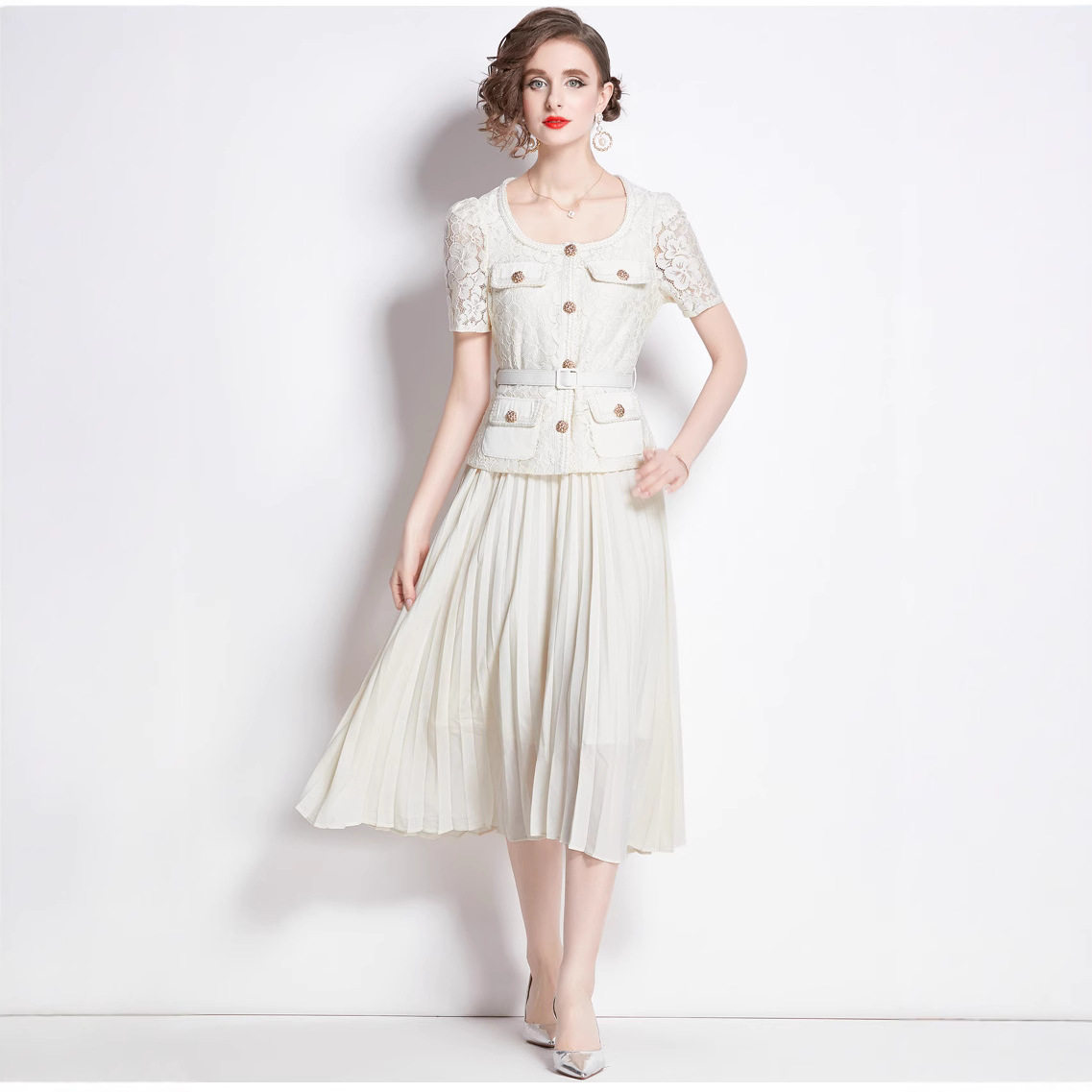 French Style Elegant Womens Dress High End Lace Trimmed Pleated Long Skirt Perfect for Formal Events Wholesale