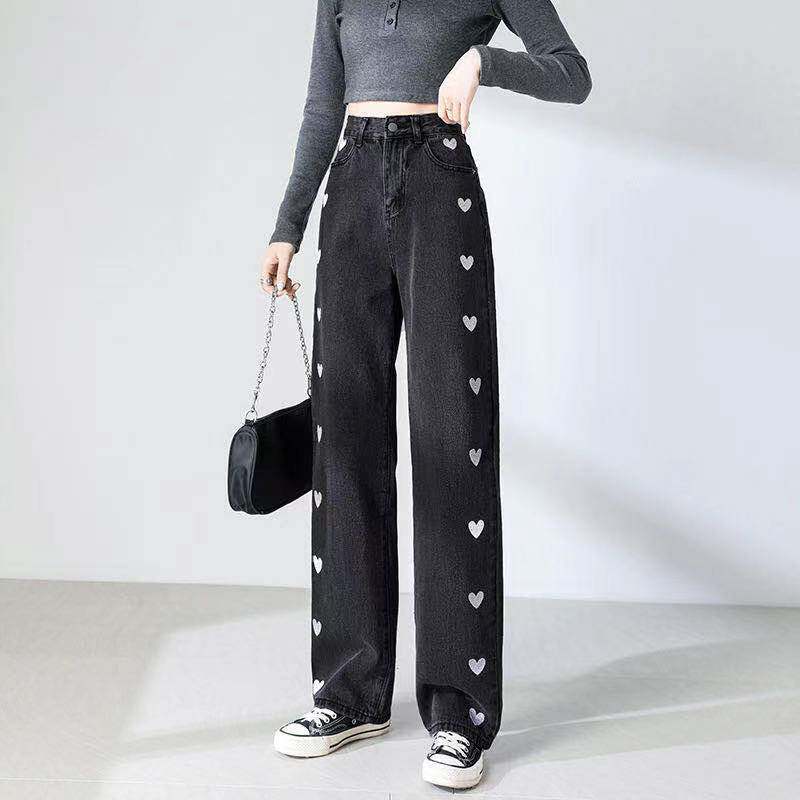 High Waisted Embroidered Heart Denim Pants Slim Fit Loose Wide Leg Casual Style Fall Collection Wholesale Available