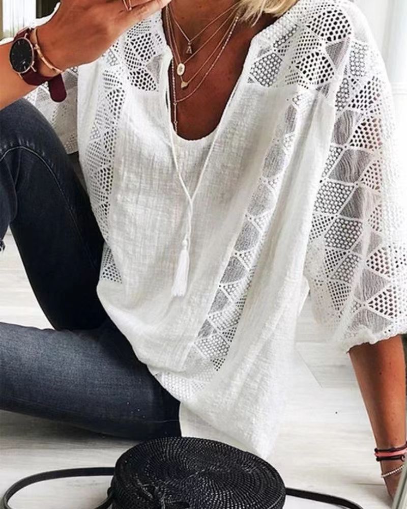 Lace Top Hollow Out Design U Neck Three Quarter Sleeve Casual Wear for Women Wholesale Available
