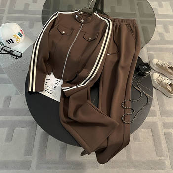 Korean Style Casual Sports Suit for Women in Autum New Style Slimming Look Stand-Up Collar Zipper Long-Sleeved Sweatshirt and Pants Two-Piece Set