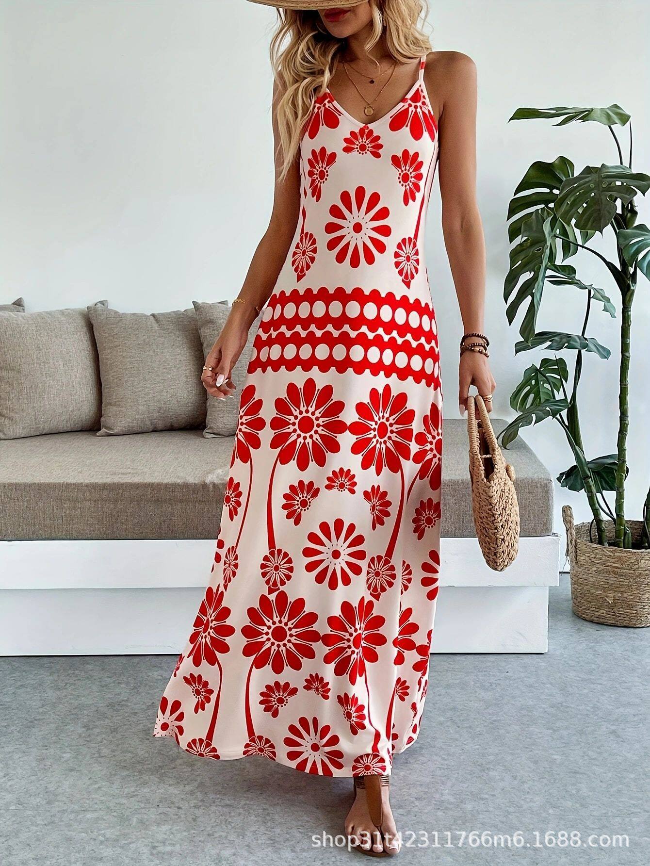 Bohemian Maxi Dress for Women Floral Print Adjustable Straps Lightweight Fabric Summer Casual Wear Wholesale