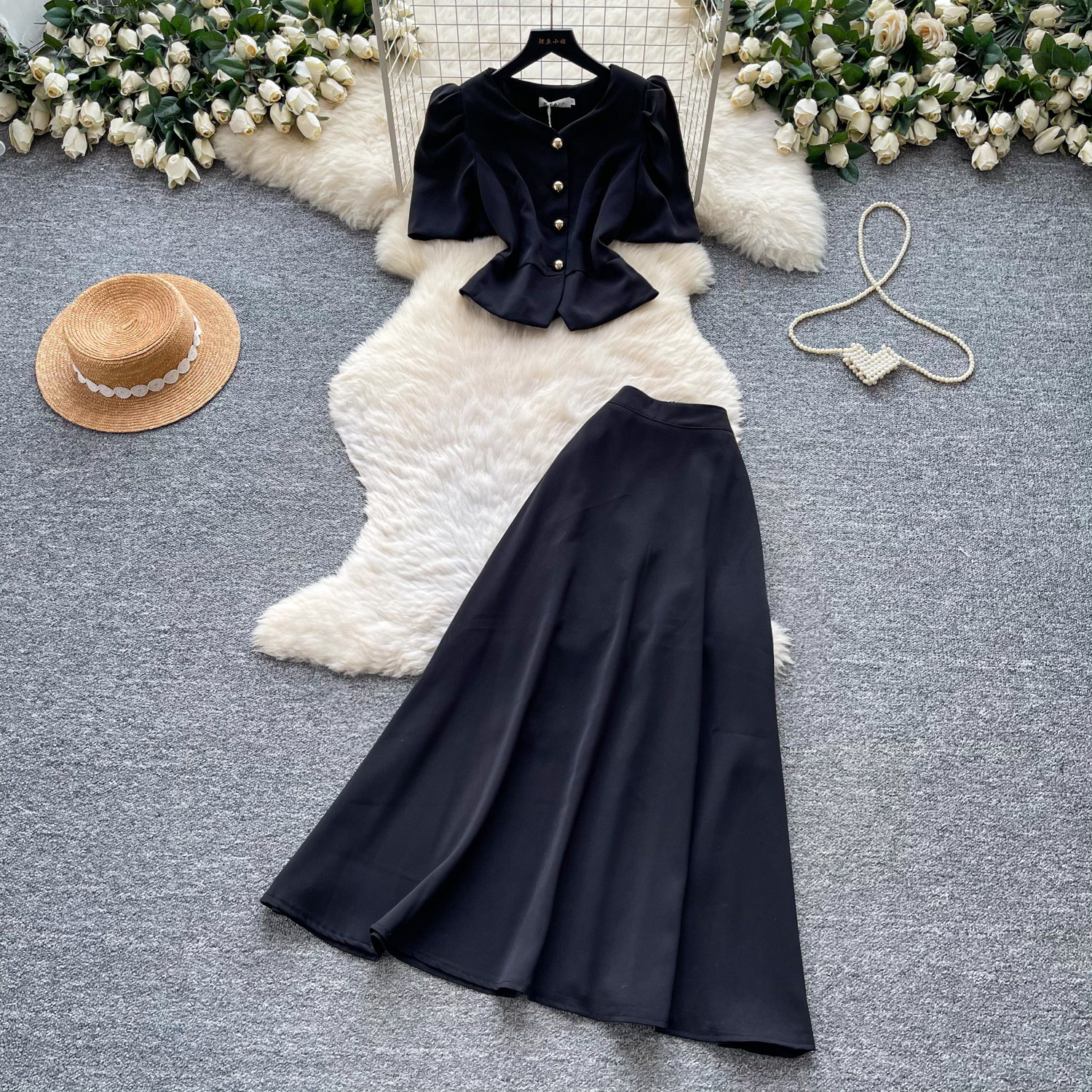 Elegant Wine Red Puff Sleeve Top and High Waist Long Skirt Set Slim Fit Summer Office Wear Womens Two Piece Outfit
