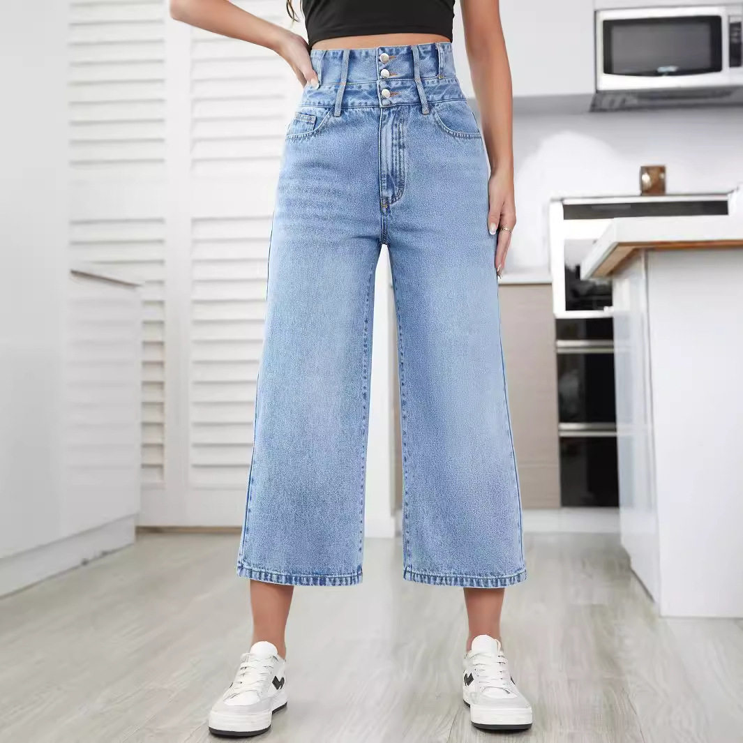 High Waisted Wide Leg Jeans Straight Cut Cropped Length Denim Fabric Casual Wear for Women Wholesale Available