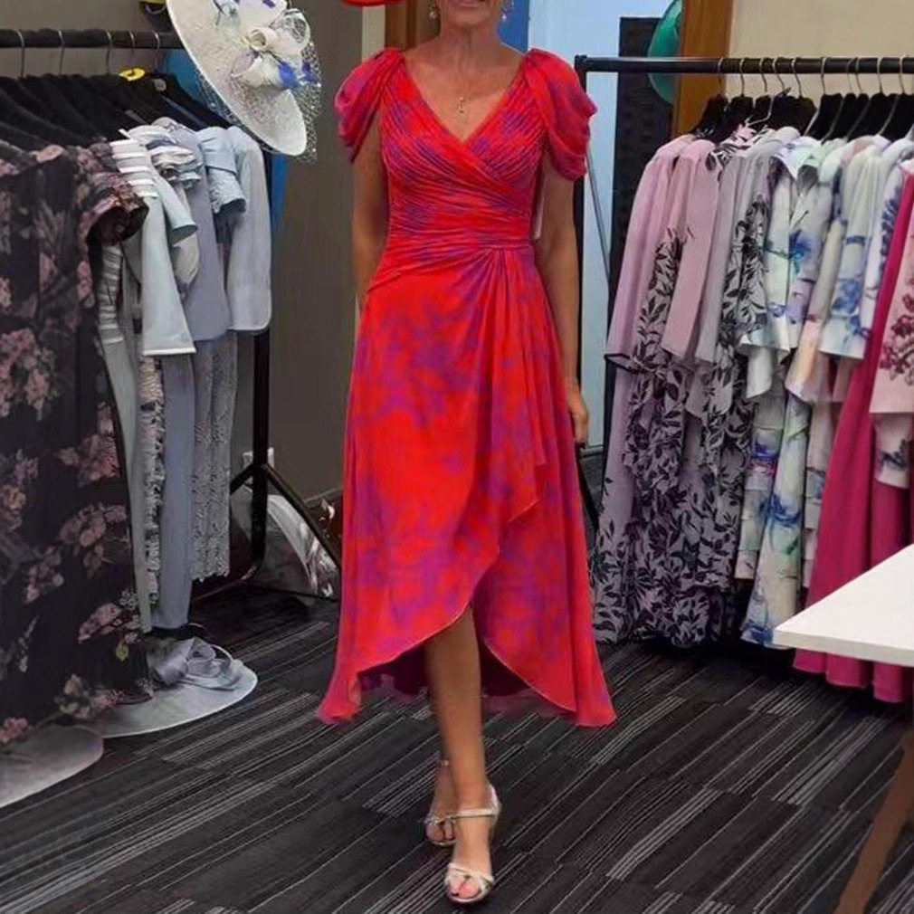 V Neck Short Sleeve Casual Printed Dress Summer Collection Slim Fit Stylish Design Perfect for Everyday Wear