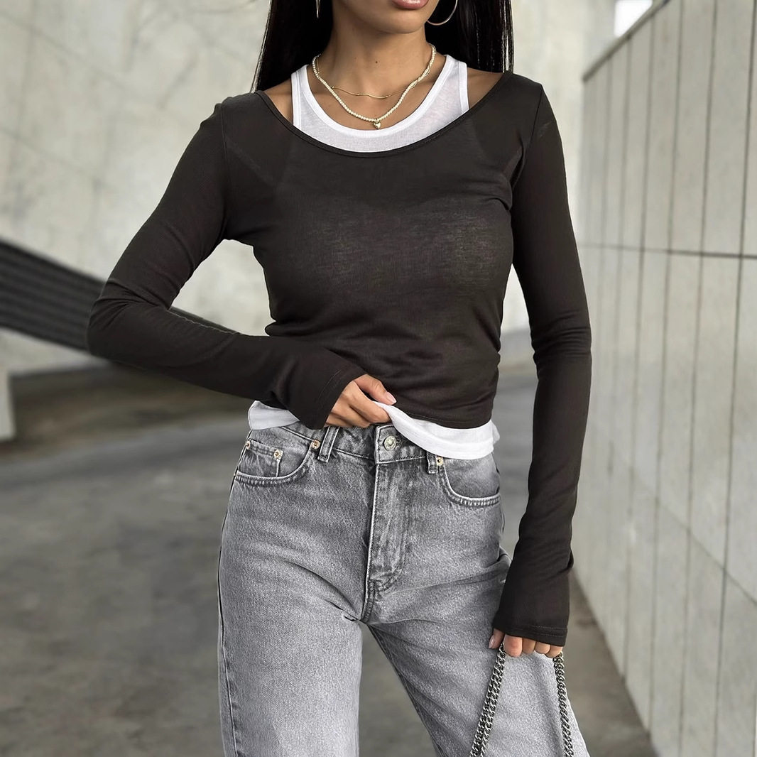 Retro Color Block Long Sleeve T Shirt for Women Slim Fit Modal Fabric Layered Design Spring and Autumn Wear