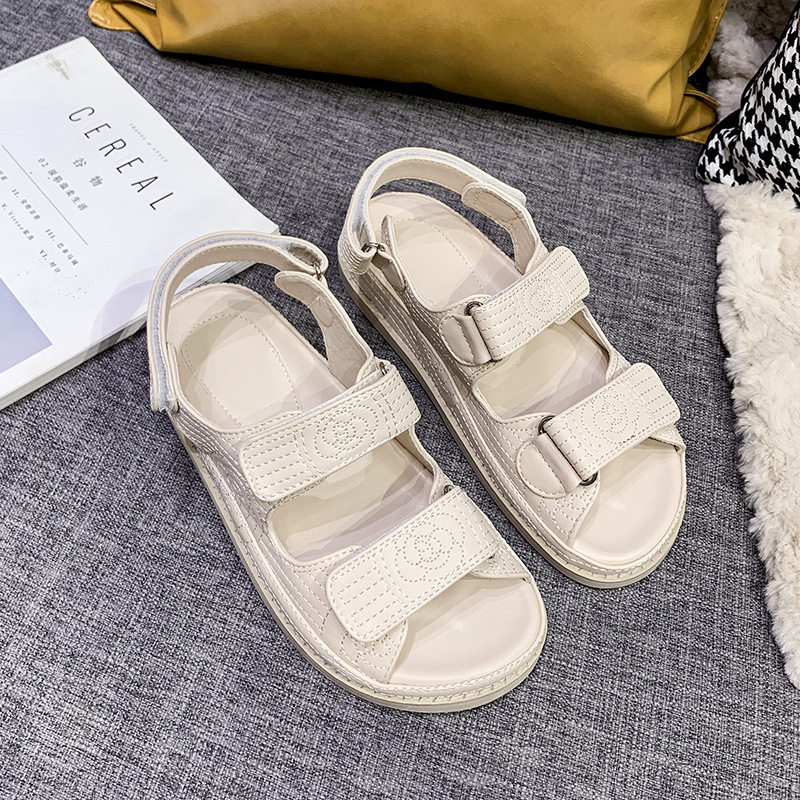 2024 New Chanel style Velcro sandals women's platform muffin fairy style beach shoes summer flat Roman sandals