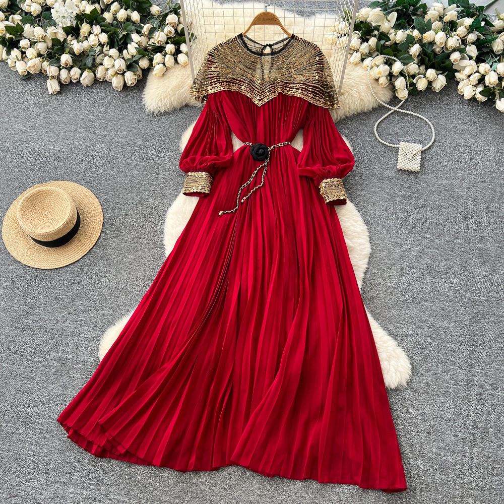 French Style Embroidered Beaded Sequin Mesh Lantern Sleeve Tie Waist Pleated Maxi Dress for Women Elegant Evening Wear