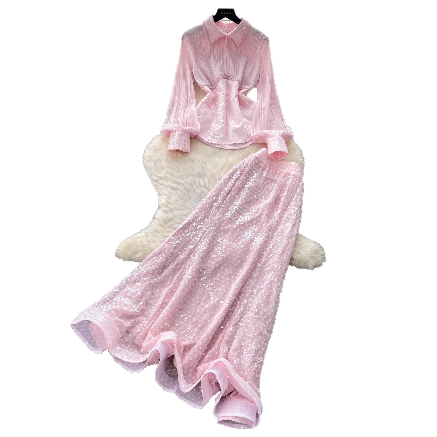 French Style Sequined Mesh Pleated Two Piece Set Waist Cinching Elegant Design Ideal for Spring and Autumn Wholesale