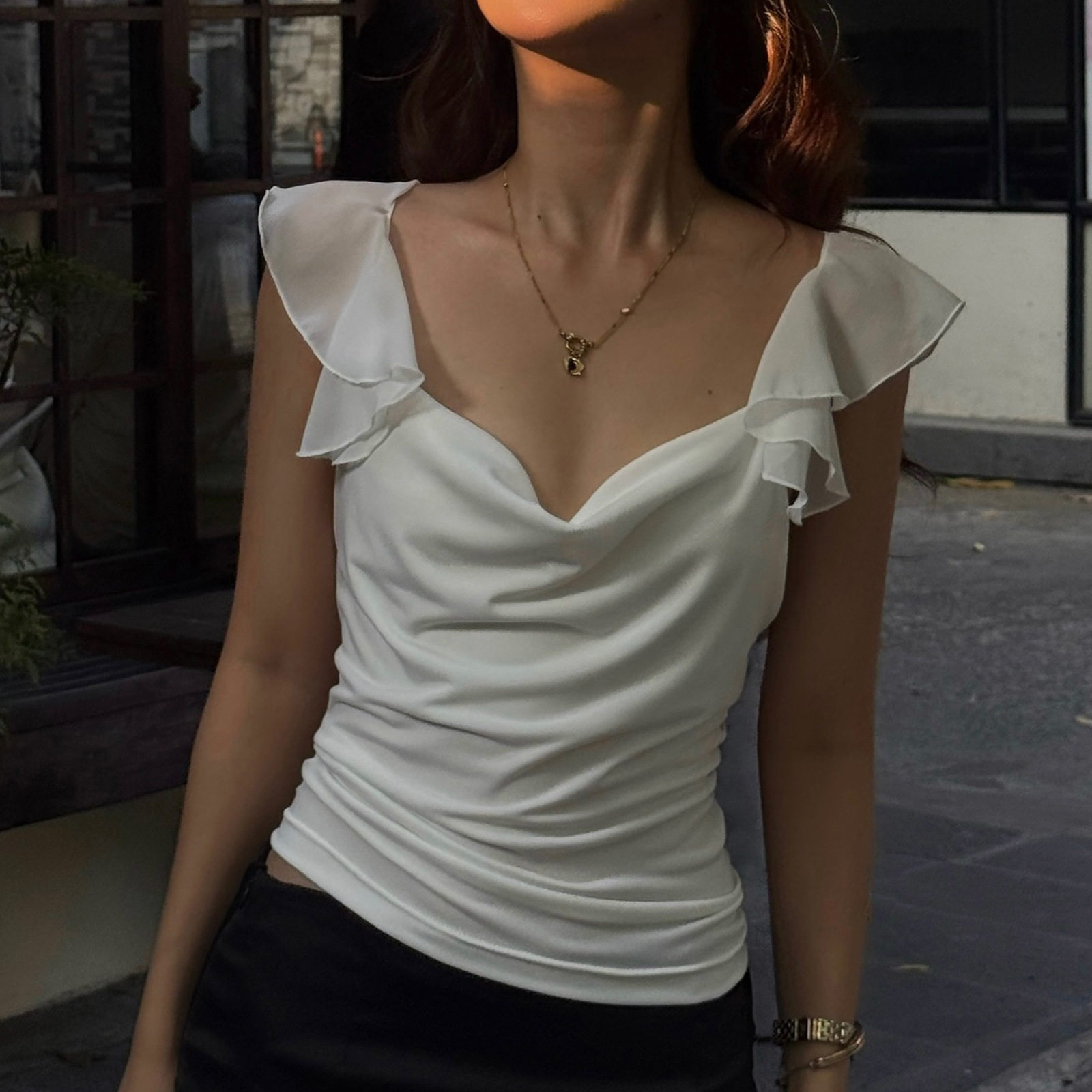 Spring Womens Slim Fit V Neck Crop Top Ruffle Hem Solid Color Sexy Style Versatile for Casual or Night Out