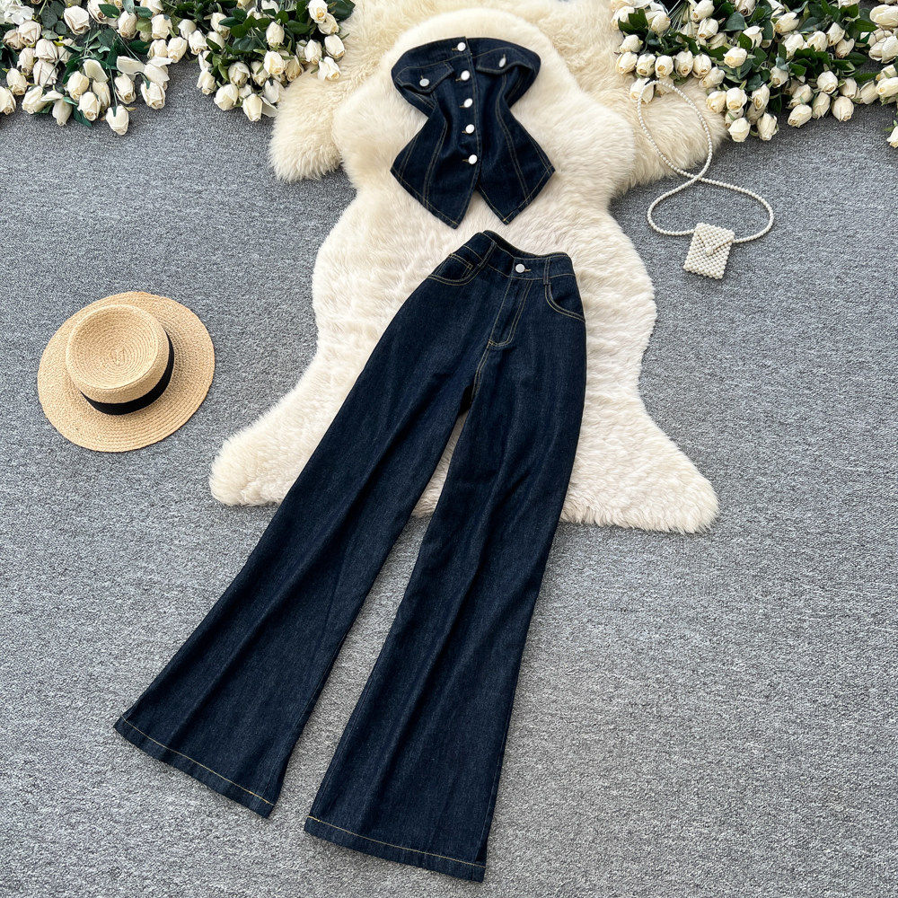 Womens Summer Denim Two Piece Set Slim Fit High Waist Minimalist Style Perfect for Office Wear Wholesale Available