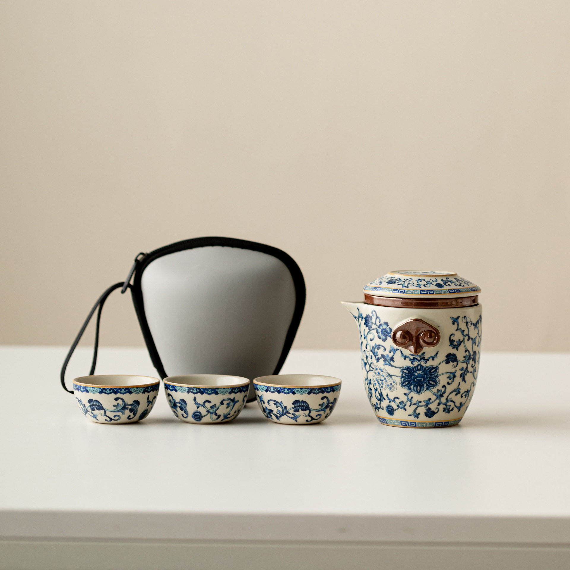 茶道具　韓錫基作　白磁青花辰砂点象嵌亀甲文皆具一式　共箱　美品　替蓋 凤舞·全手工·255cc 极品老紫料正宗润泽型神兼备型体高雅卡盖处理妙不可