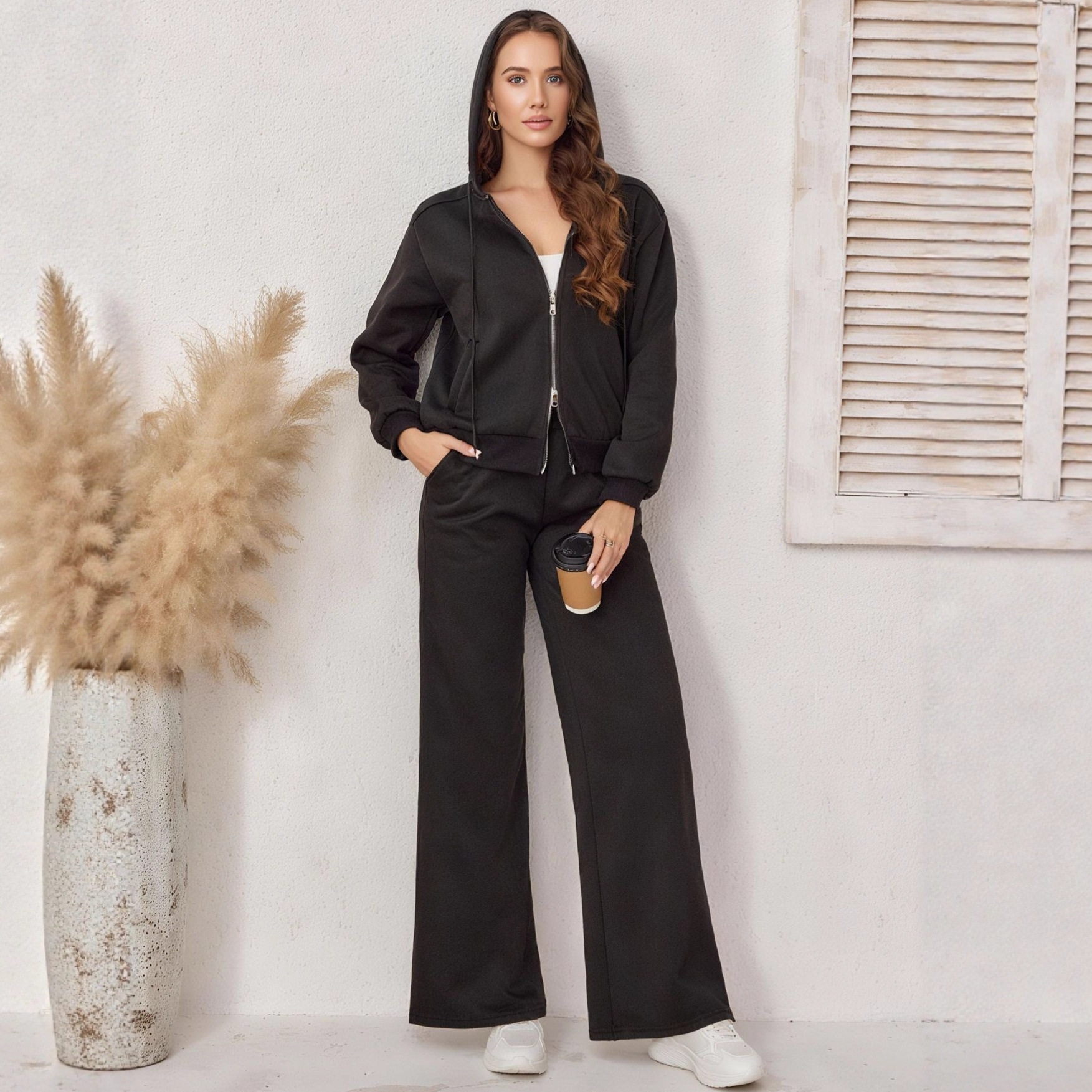 Womens Black Casual Tracksuit Slim Fit Fleece Lined Hooded Double Zipper Long Pants Autumn Winter Wear