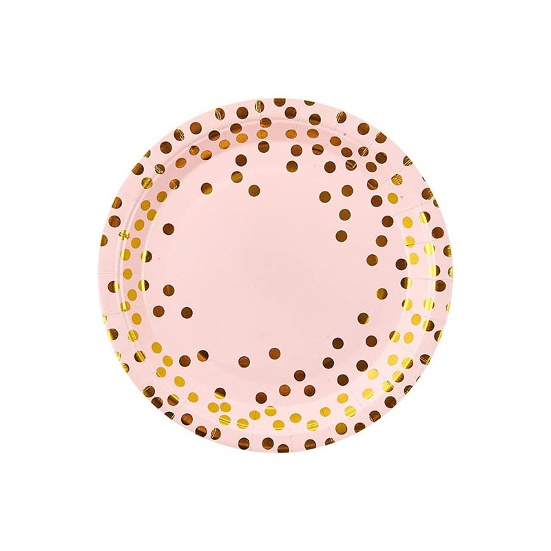 Pink Hot Stamping Polka Dot Paper Plate Paper Cup Set Wholesale Birthday Party Supplies Paper Plate Disposable Cake Plate in Stock