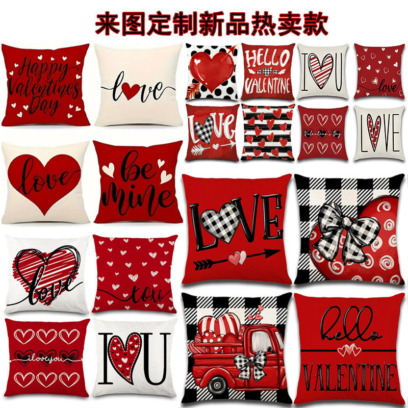 Timu Valentine's Day Pillow Red Love Printed Cushion Linen Pillow Cross-border Home Pillow Case Pillow Case
