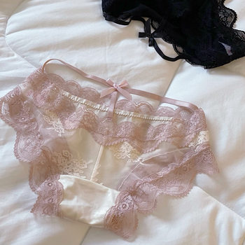 Lace Sexy Panties for Women, French Satin Pure Desire Hollow-Out Pure Cotton Crotch Breathable Mesh Girl Low-Waist Briefs