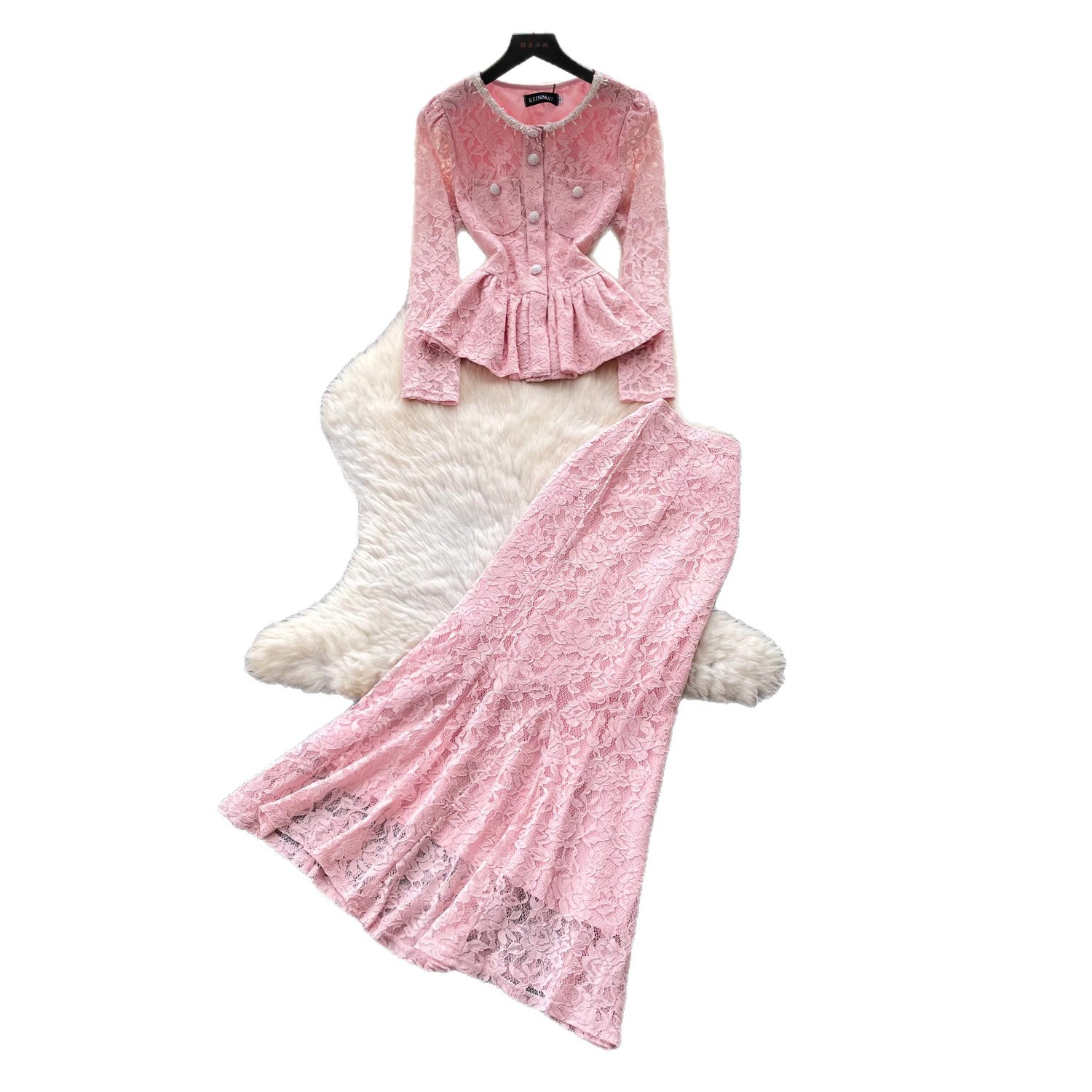 French Style V Neck Lace Long Sleeve Top and Midi Skirt Set Slim Fit Elegant Design Autumn Fashion Wholesale Available