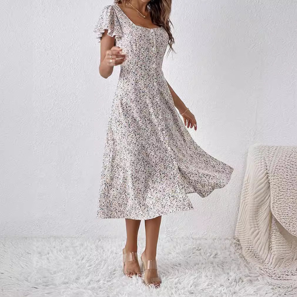 Floral Print Short Sleeve Square Neck Dress Summer Style Lightweight Fabric Elegant Design Wholesale Available