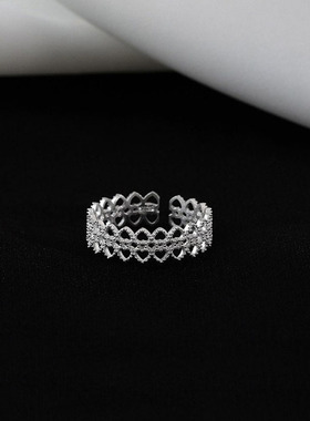 s925纯银蕾丝花边戒指女ins仙女风甜美气质简约镂空爱心开口指环