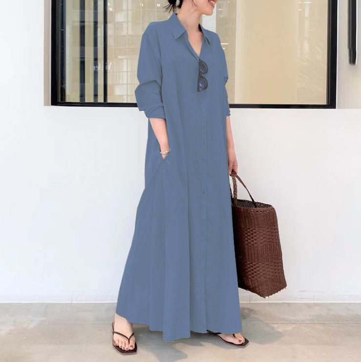 Cotton Linen Long Sleeve Shirt Dress Solid Color Pocket Design Loose Fit Casual Everyday Wear Ready to Ship