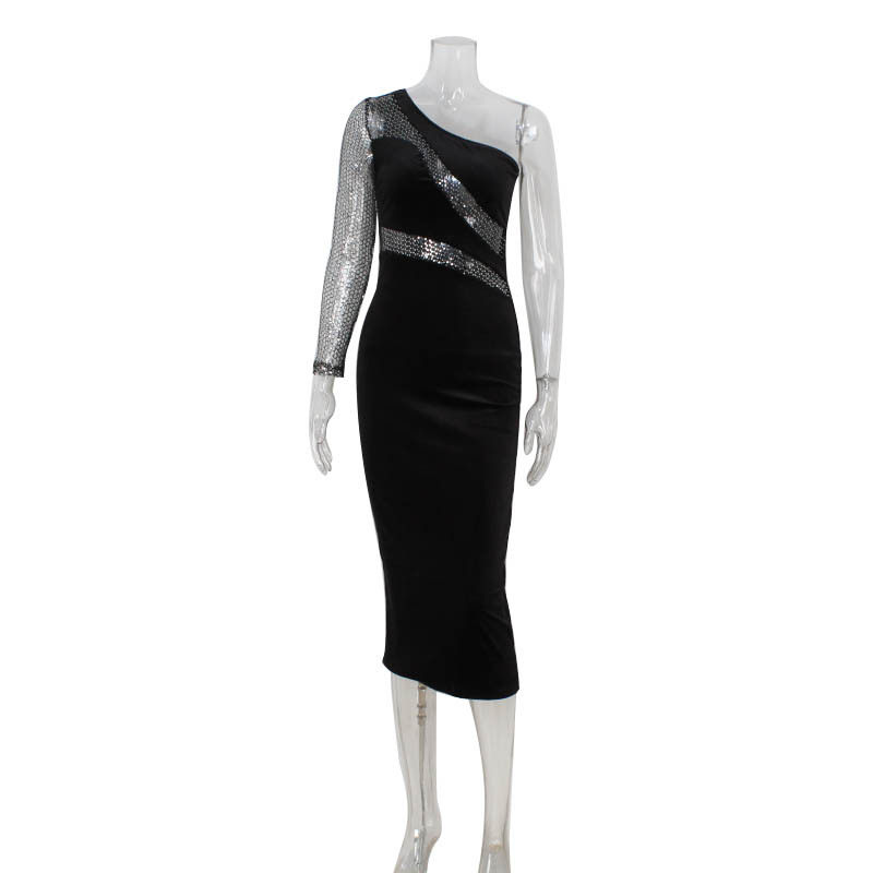 Fashionable One Shoulder Sequin and Mesh Dress Elegant Design High Quality Fabric Perfect for Evening Events