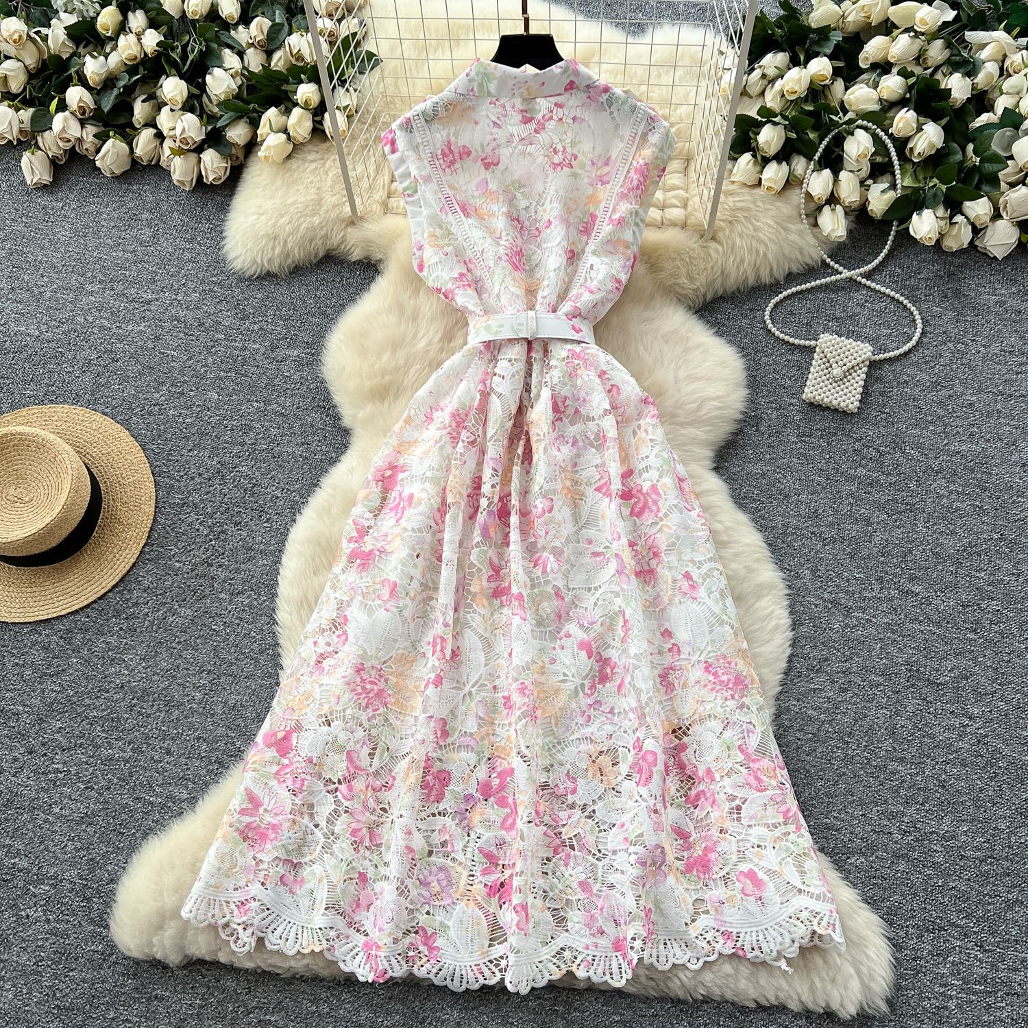 Lace Maxi Dress for Women Elegant Hollow Out Design Summer Casual Wear Available in Multiple Colors and Sizes