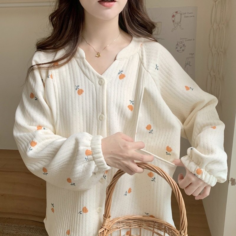 2025 Maternity Autumn and Winter Maternity Clothes Large Size Nursing Pajamas Air Cotton Postpartum Breastfeeding Warm Interlayer Home Clothes
