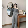 Elegant Suit for Women, Irregular Slim-Fit Off-Shoulder Top, Autumn Loose Wide-Leg Pants Two-Piece Set, Simple Ins Style