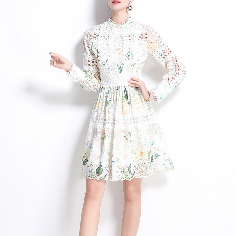 Elegant French Style Hollow Out Floral Embroidery A Line Dress Waist Defined Printed Chic Design Perfect for Parties