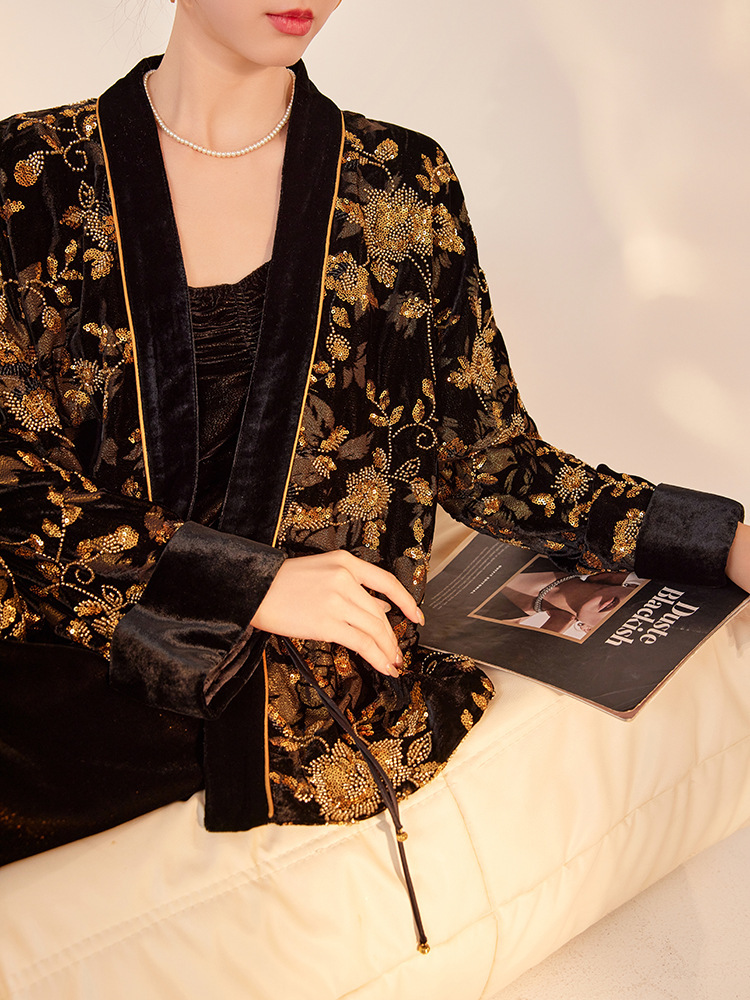 Áo cardigan nữ cổ chữ V dài tay thêu hoa đính cườm chất lụa tơ tằm cao cấp — Obsidian Black (Giao hàng trong 7 ngày)