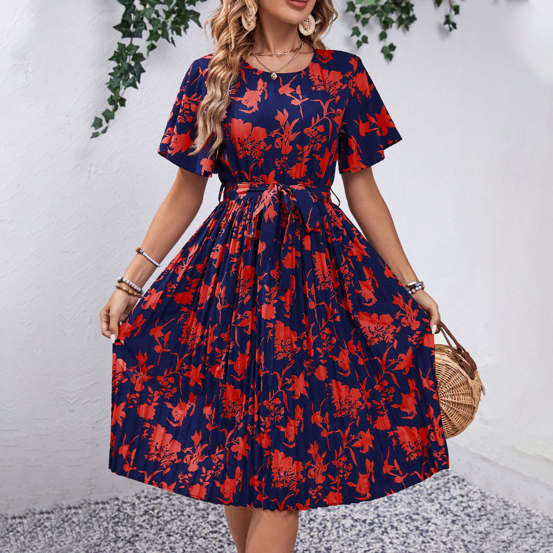 Floral Print A Line Dress Elegant Design Waist Defining Summer Style Perfect for Parties and Casual Outings